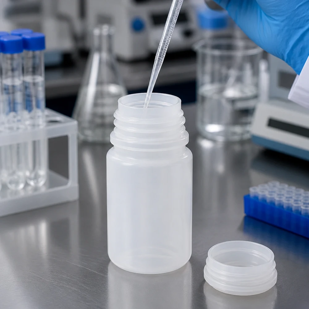 50ml Laborflasche Weithals ohne Verschluss 50ml Weithals-Laborflasche aus HDPE ohne Verschluss für professionellen Laboreinsatz bei Pacadura