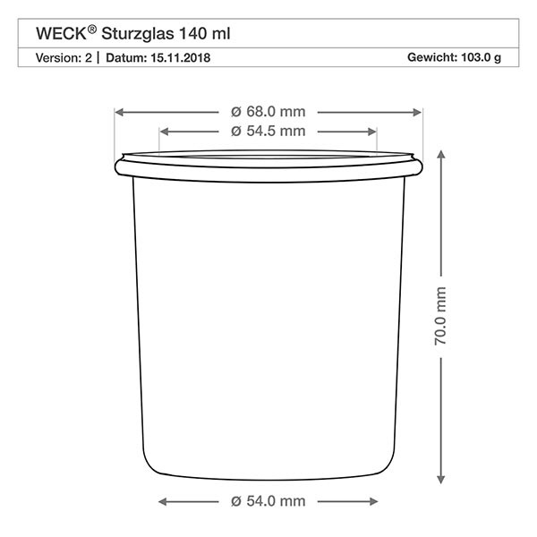 WECK Sturzglas 140ml RR60 mit Maßangaben und technischer Zeichnung für Einmachglas