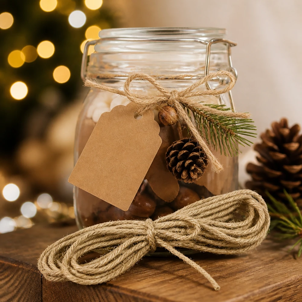 Naturkordel zum Dekorieren 300cm lang Naturkordel Jute 300cm als Weihnachtsdeko mit Tannenzapfen und Geschenkanhänger am festlich dekorierten Glas