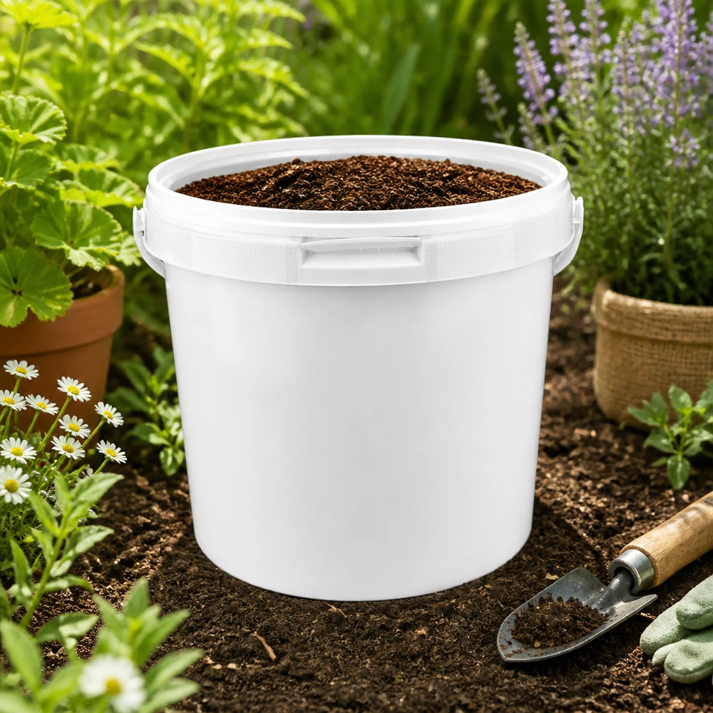 Eimer 5.6L aus weißem Kunststoff Polypropylen mit Deckel Weißer Kunststoffeimer 5,6L aus PP mit Deckel für gewerblichen Einsatz im Gartenbau