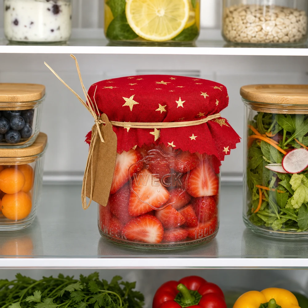 Rotes Sterne Schmuckdeckchen 12cm im Kühlschrank auf Einmachglas mit Erdbeeren zwischen Vorratsgläsern und Salat