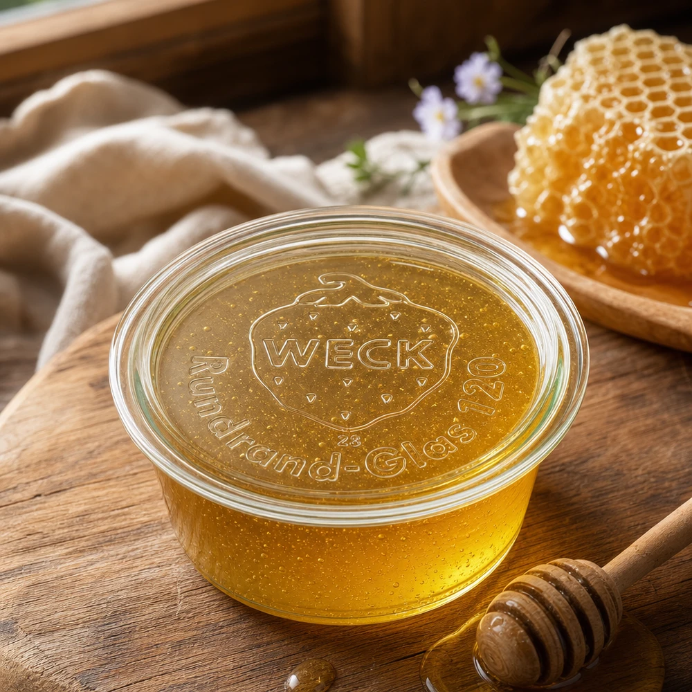 WECK Glasdeckel RR120 Profi-Anwendung beim Honigeinmachen mit Bienenwabe und Honiglöffel auf Holztisch