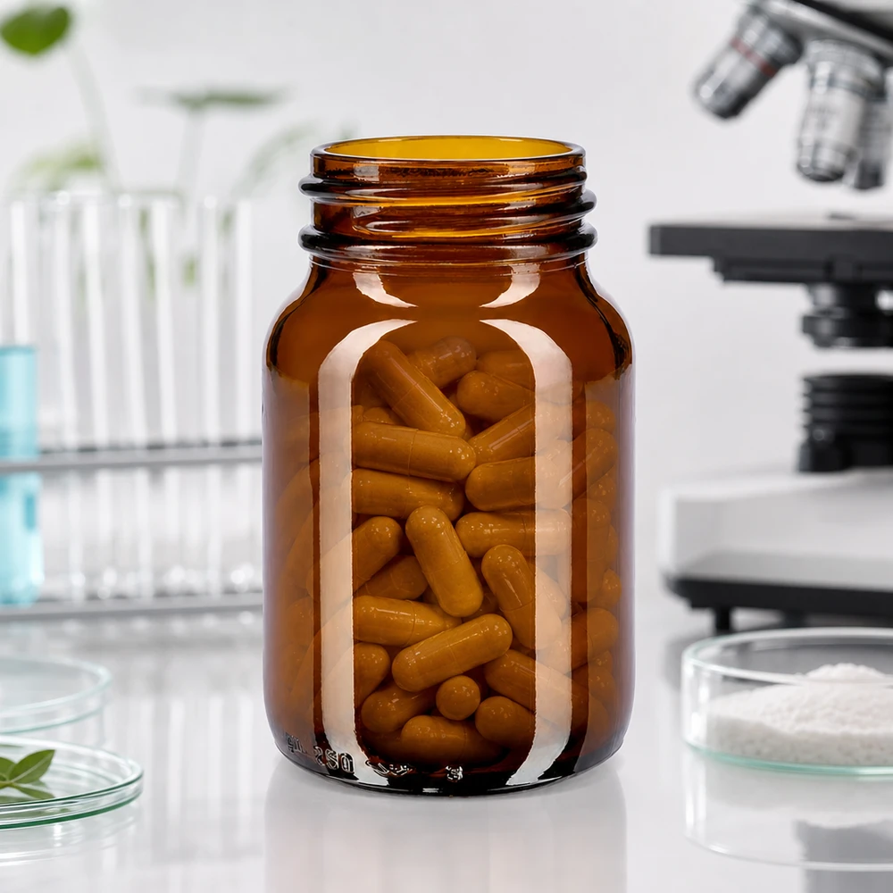 250ml Weithalsflasche Braunglas mit Kapseln gefüllt für professionelle pharmazeutische und gewerbliche Anwendungen