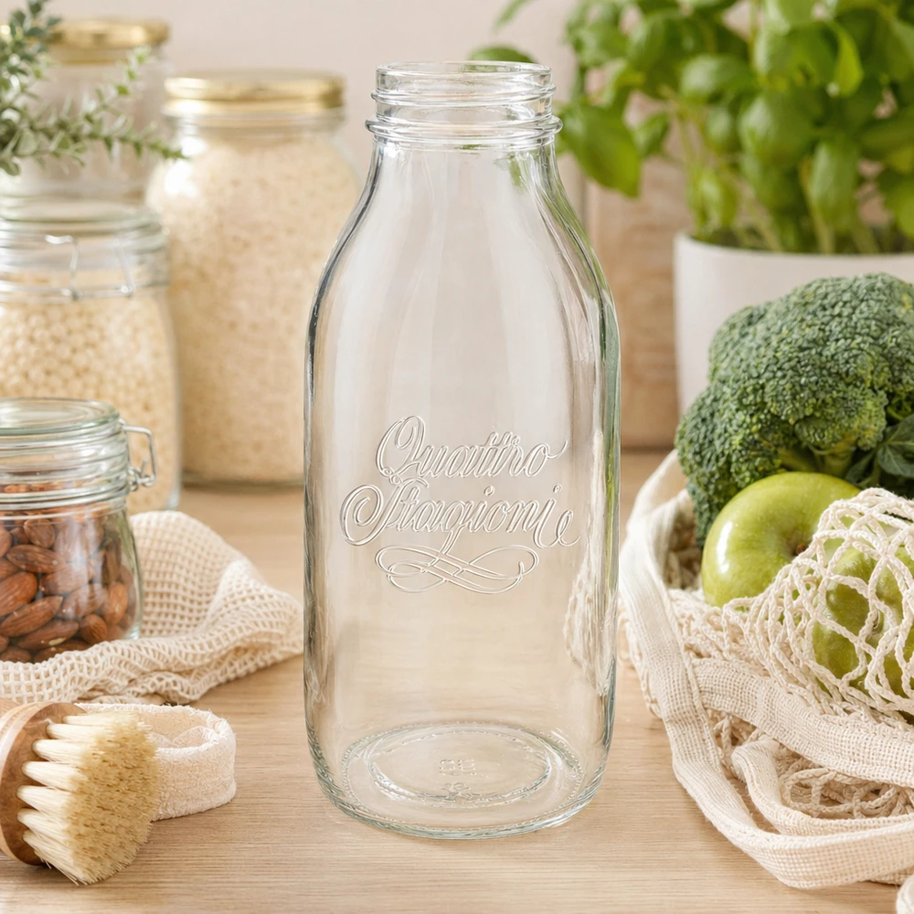 1000ml Quattro Stagioni Weithalsflasche aus Glas mit gravierter Schrift auf Holztisch neben frischen Lebensmitteln