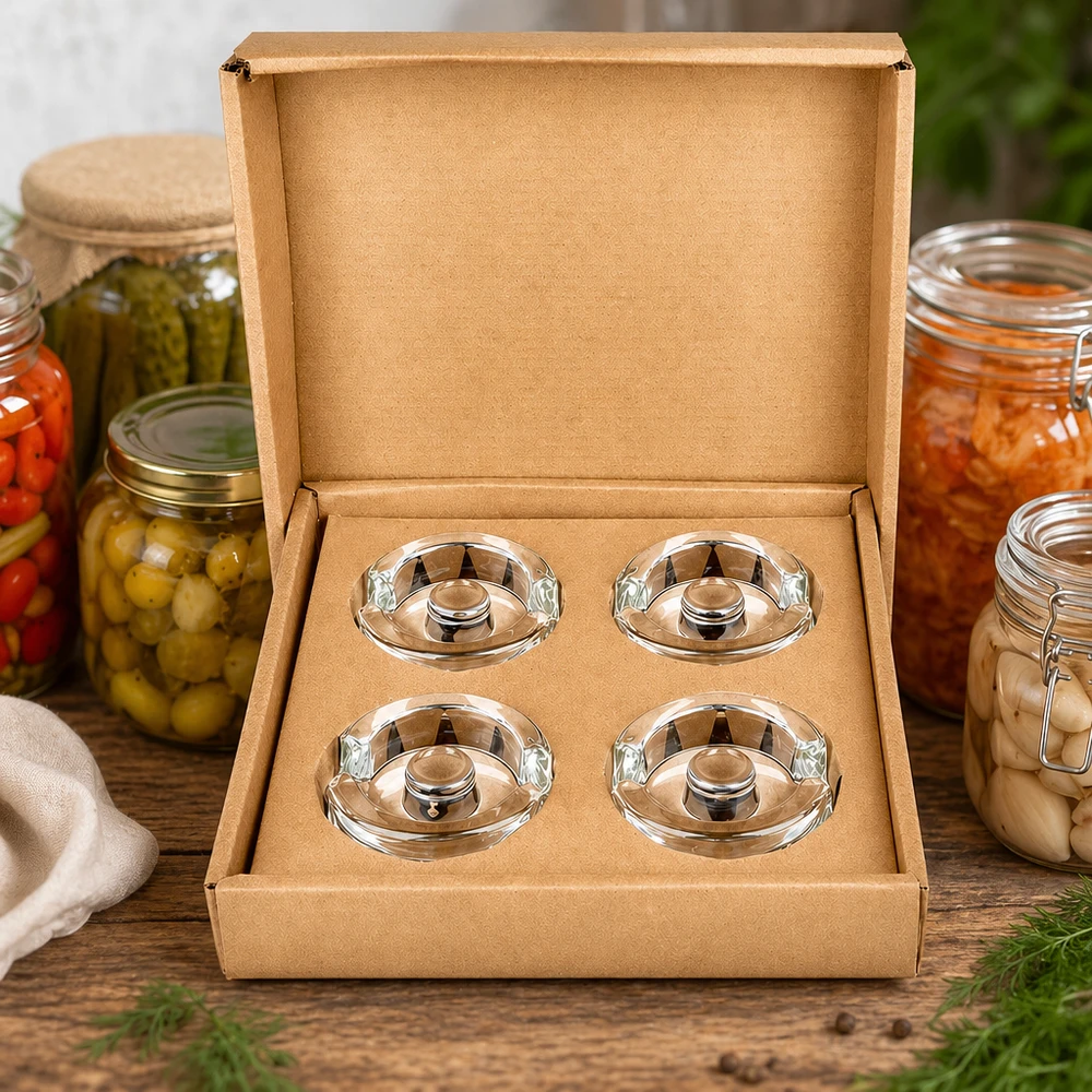 Vier UNiTWIST Fermentier-Glasgewichte mit Griff in Geschenkbox neben eingelegtem Gemüse und Einmachgläsern