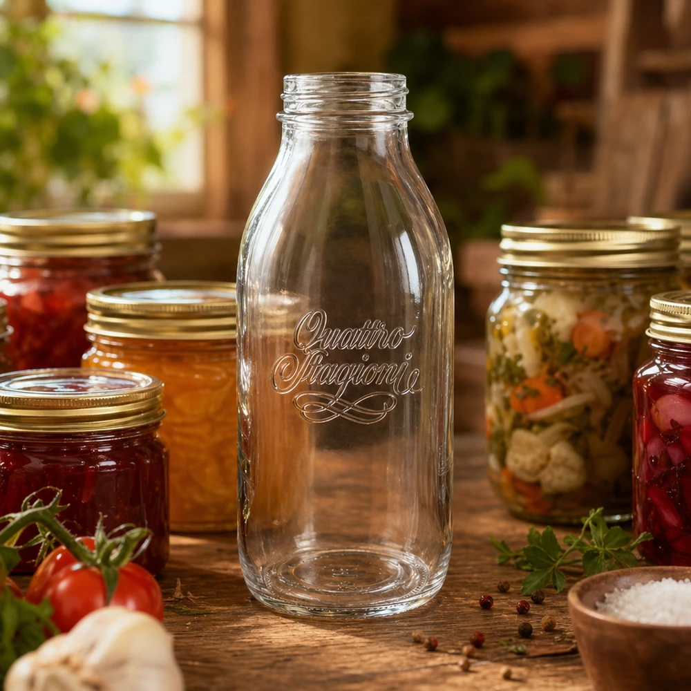 1000ml Weithalsflasche Quattro Stagioni aus Glas zum Einkochen und Konservieren von Lebensmitteln auf Holztisch