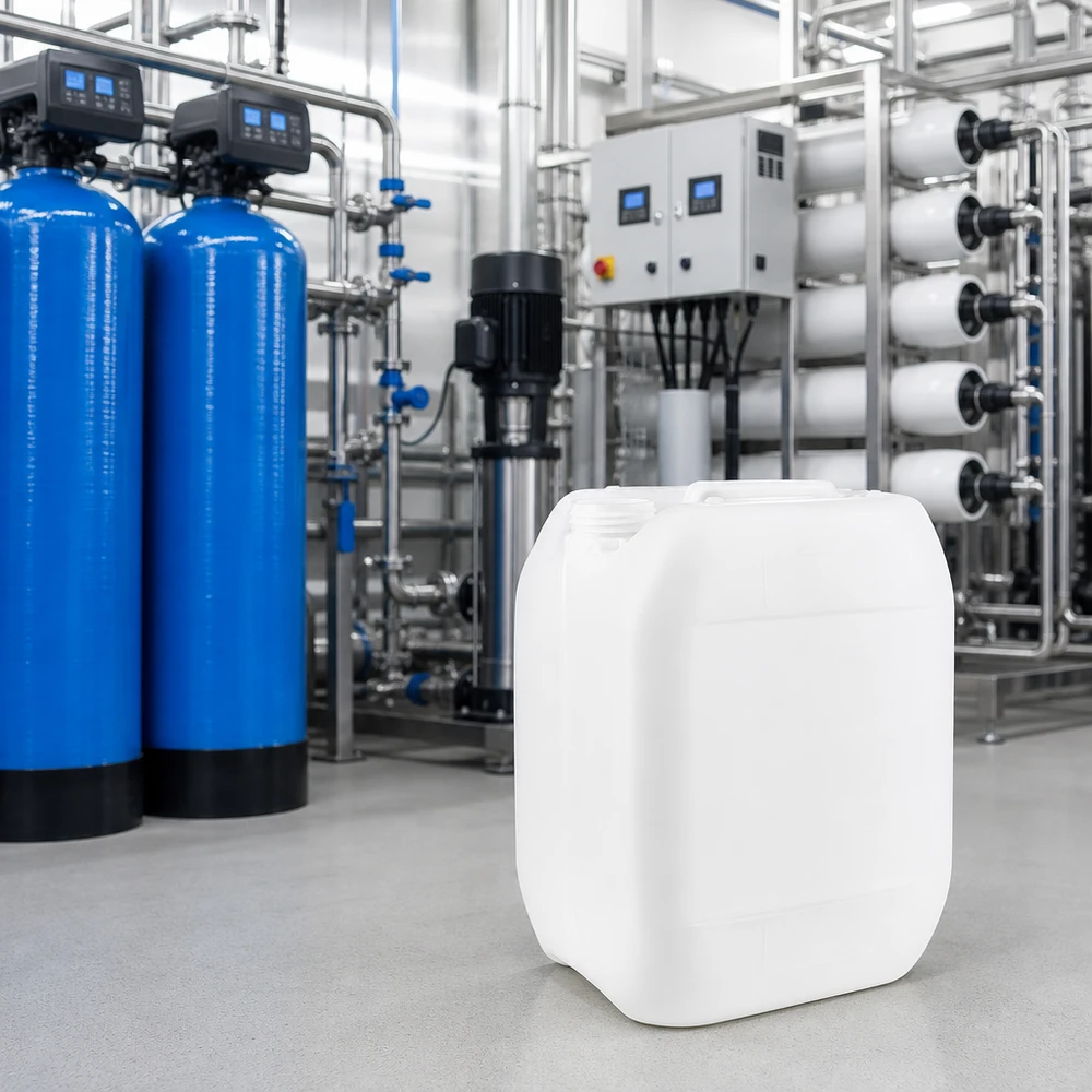 Kanister 10 Liter ohne Verschluss Weißer 10-Liter-Kunststoffkanister ohne Verschluss vor industrieller Wasseraufbereitungsanlage