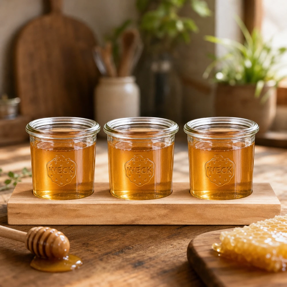 Servierbrett Plano3 mit 3 Weck Sturzgläsern 140ml Honig in WECK Sturzgläsern 140ml auf Holz-Servierbrett mit Honiglöffel und Waben natürlich präsentiert
