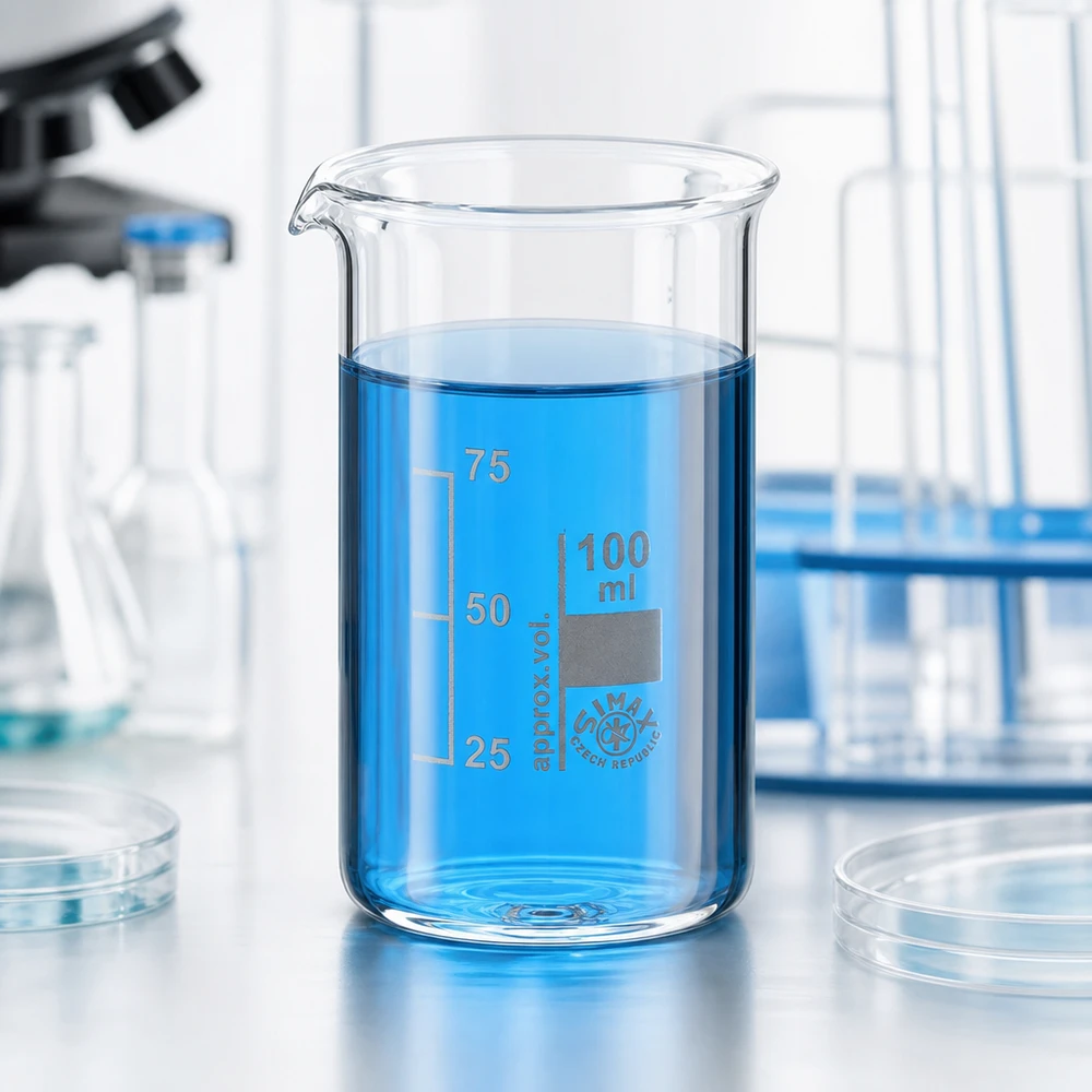 Becherglas 100ml Borosilikatglas, hohe Form Becherglas 100 ml hohe Form aus Borosilikatglas mit blauer Flüssigkeit im Labor von Simax
