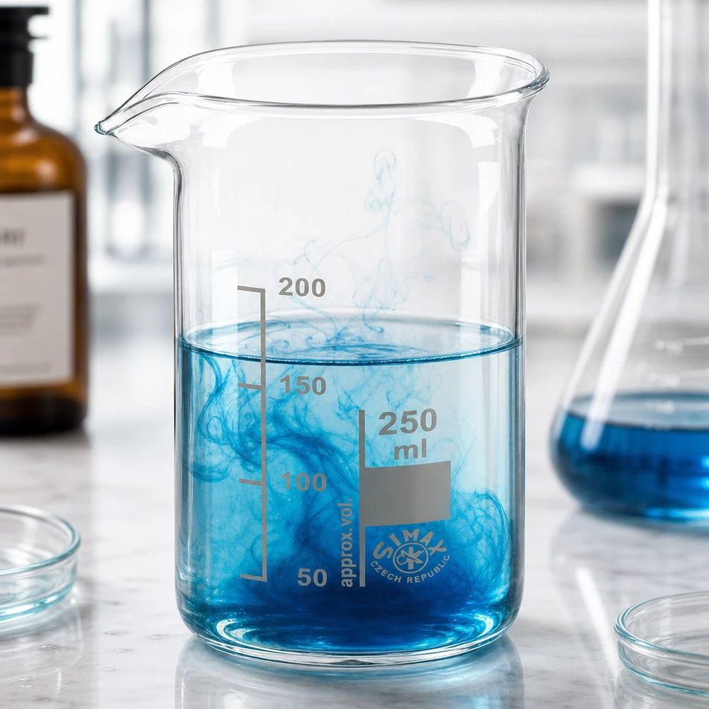Becherglas 250 ml hohe Form aus Borosilikatglas mit blauer Lösung im Laboreinsatz von Pacadura.de