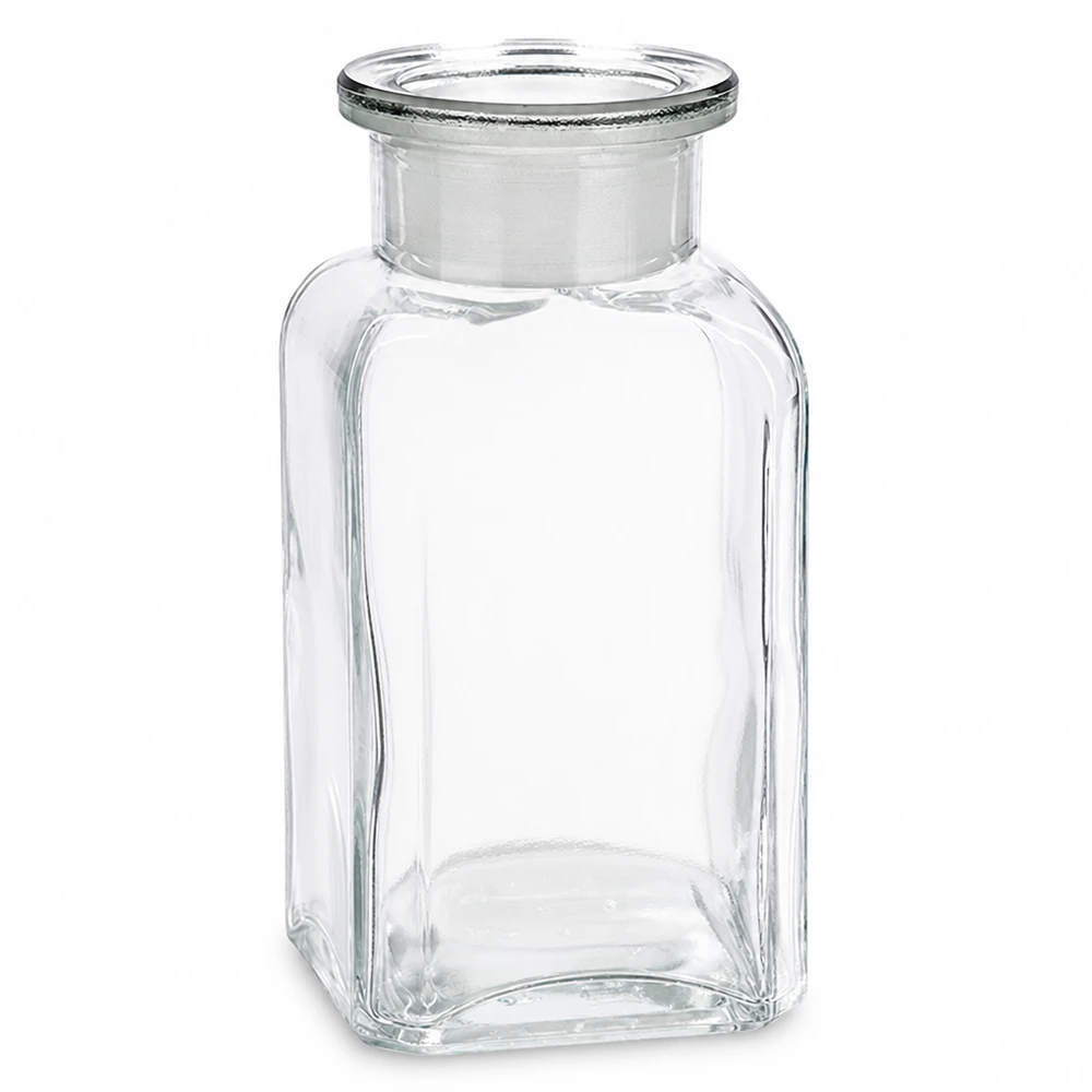 Vierkantflasche 100ml klar Weithals Glasstopfen Vierkantflasche 100ml Klarglas Weithals mit Glasstopfen für gewerbliche Nutzung bei Pacadura