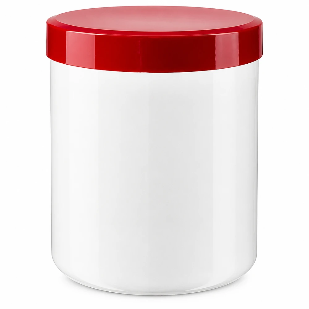Salbenkruke 250g weiß mit rotem Schraubdeckel (Polypropylen) Salbenkruke 250g weiß PP-Kunststoff mit rotem Schraubdeckel für professionelle Abfüllung Pacadura