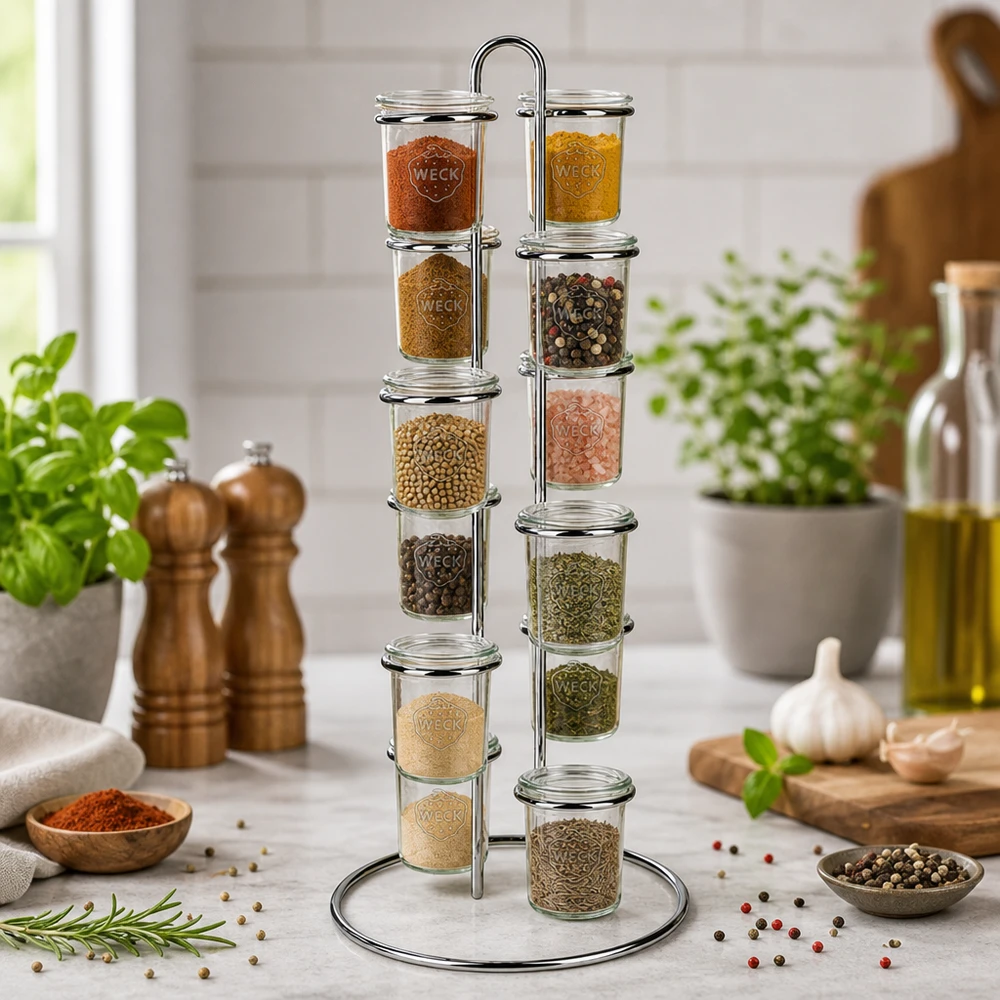 Gewürzregal Vertico12 mit spiralförmiger Anordnung der 12 WECK Sturzgläser zeigt optimale Raumnutzung für Gastronomie