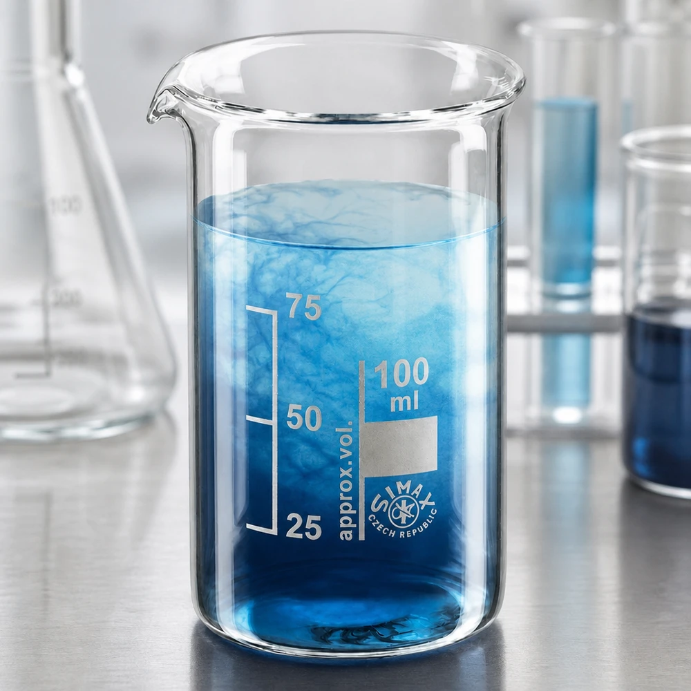 Becherglas 100ml Borosilikatglas, hohe Form Becherglas 100 ml hohe Form aus Borosilikatglas mit blauer Lösung im Labor von Simax