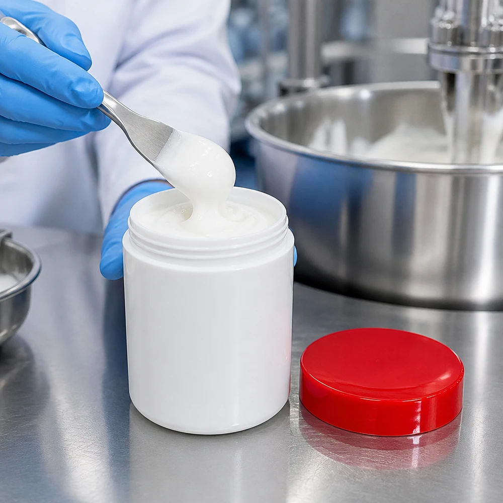 Salbenkruke 800g weiß mit rotem Schraubdeckel (Polypropylen) Salbenkruke 800g weiß PP mit rotem Schraubdeckel für professionelle Abfüllung im Labor