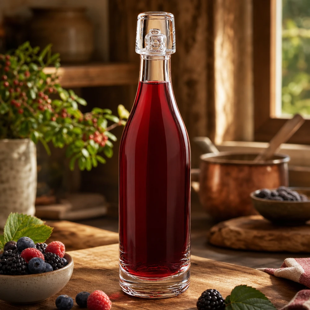 50ml Glasflasche ohne Bügelverschluss UNiTWIST® 50ml Glasflasche UNiTWIST mit rotem Beerensaft gefüllt neben frischen Beeren auf rustikalem Holztisch Küche