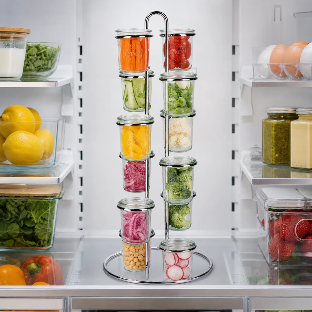 Serviergestell Vertico12 für 12 WECK Sturzgläser Kühlschrank-Organisation mit Vertico12 Serviergestell für 12 WECK Gläser zeigt professionelle Meal-Prep Lagerung