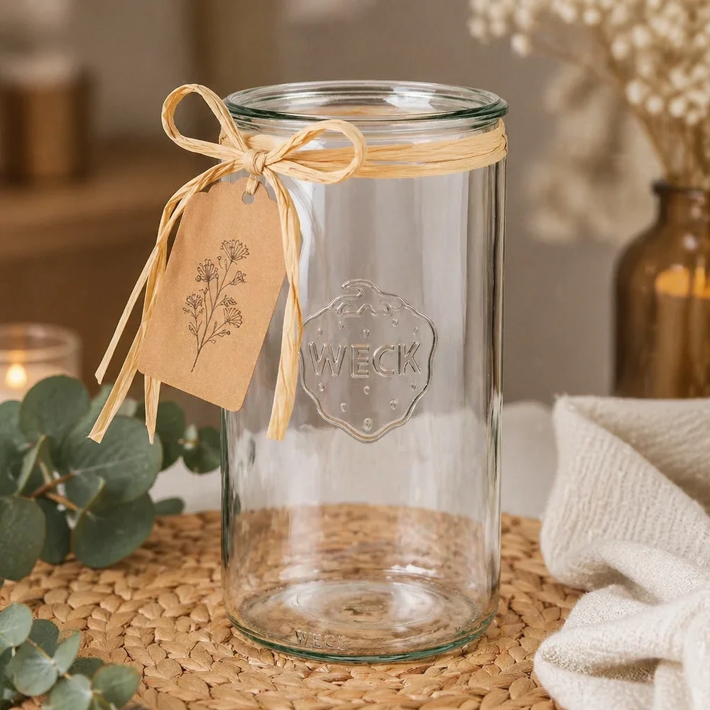 1590ml Zylinderglas WECK RR100 WECK RR100 Zylinderglas 1590ml leer mit Geschenkanhänger und Schleife als Präsent auf Korkuntersetzer dekoriert