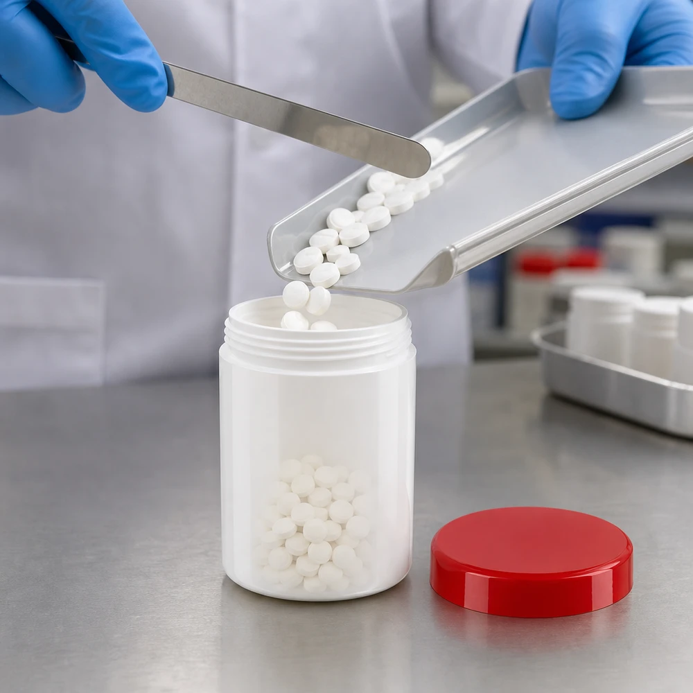 Salbenkruke 75g weiß mit rotem Schraubdeckel (Polypropylen) Salbenkruke 75g aus weißem PP-Kunststoff mit rotem Schraubdeckel für pharmazeutischen Fachhandel
