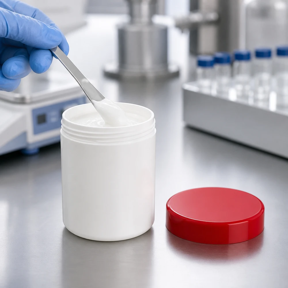 Salbenkruke 100g weiß PP-Kunststoff mit rotem Schraubdeckel für pharmazeutische und kosmetische Anwendungen