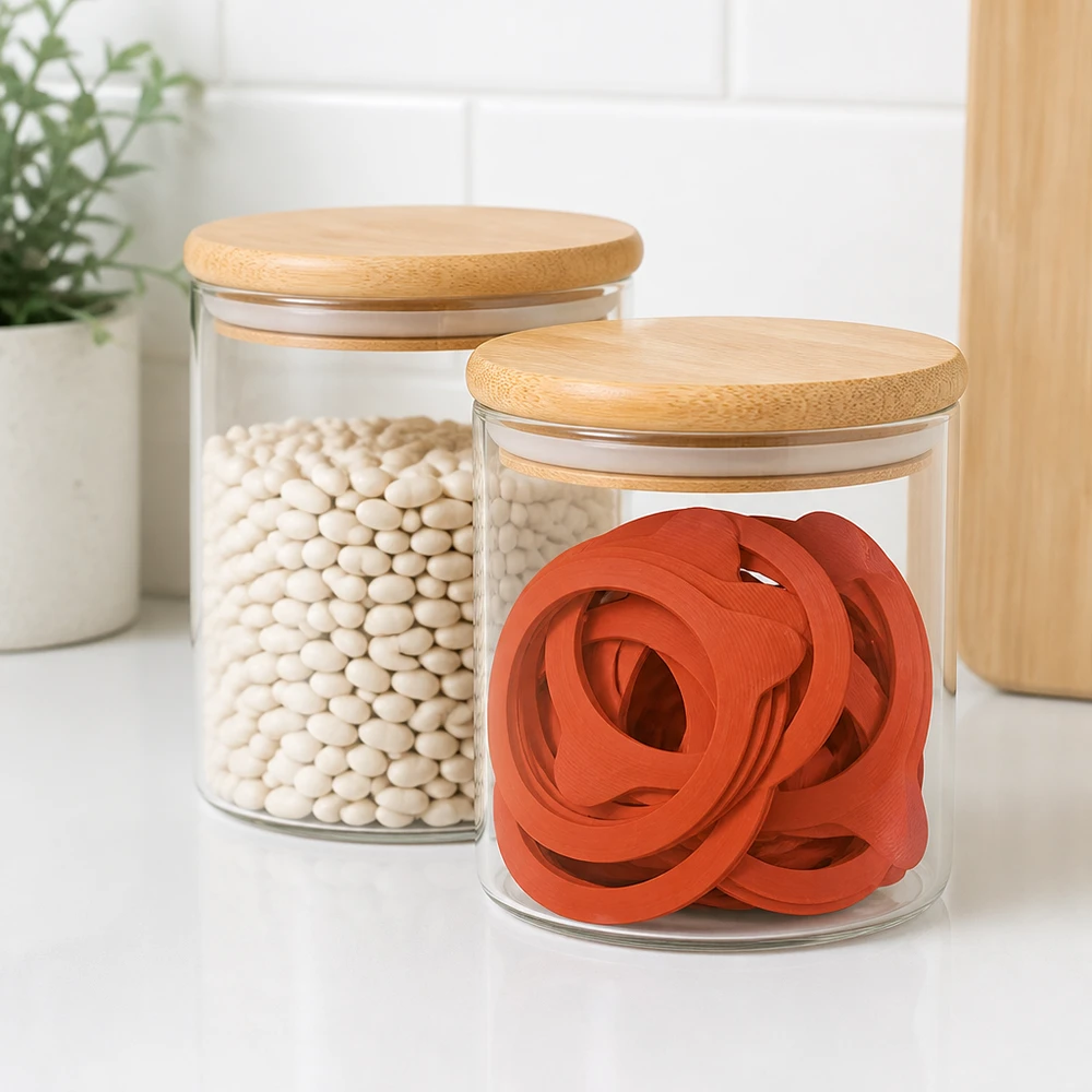 Einkochringe RR100 Naturgummi rot in Vorratsglas mit Bambusdeckel neben weißen Bohnen professionelle Küchenorganisation