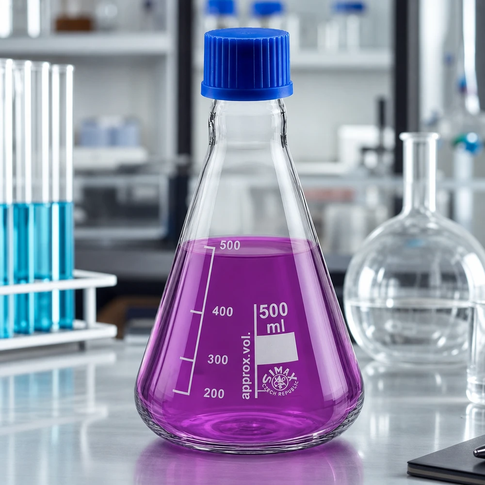 Erlenmeyerkolben 500ml mit Schraubkappe Erlenmeyerkolben 500ml Glas mit blauer Schraubkappe für professionelle Laboranwendungen bei Pacadura