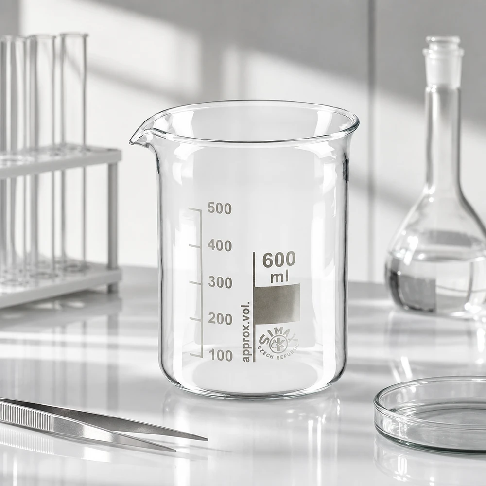 Becherglas 600ml Borosilikatglas niedrige Form für Labor und Industrie auf weißer Oberfläche mit Laborgeräten im Hinterg