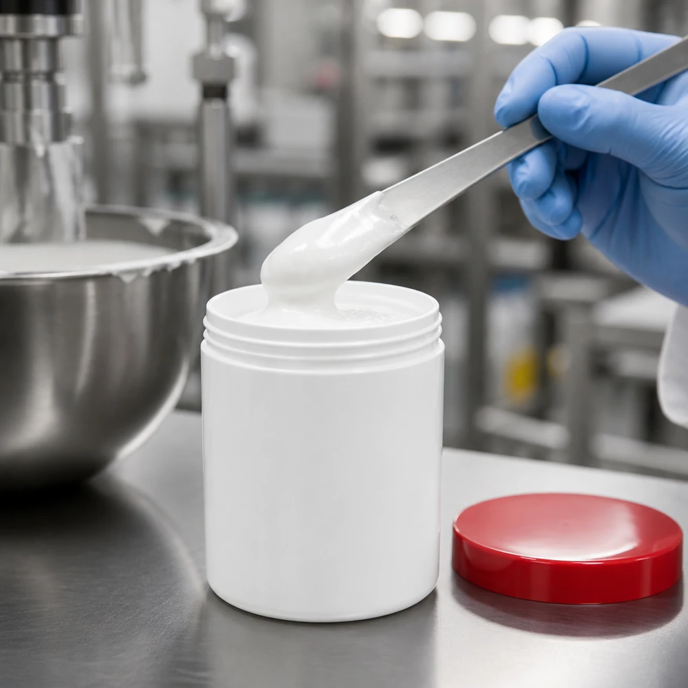 Salbenkruke 50g weiß PP-Kunststoff mit rotem Schraubdeckel zur professionellen Abfüllung von Cremes