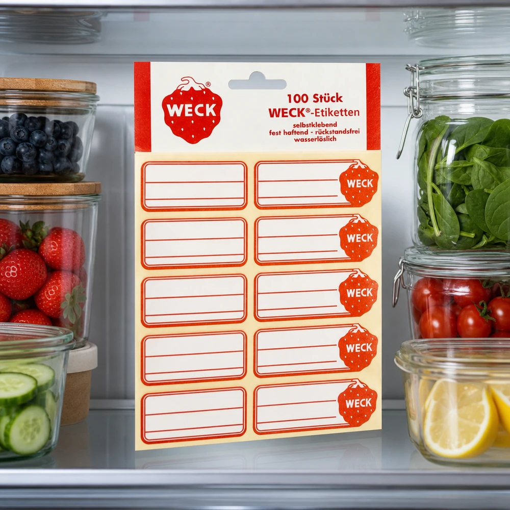 WECK Etiketten 19x13mm (Pack(s) mit 100 Stück) WECK Etiketten 100er Pack in geöffnetem Kühlschrank zwischen Vorratsgläsern mit Obst Gemüse Kräutern professionell