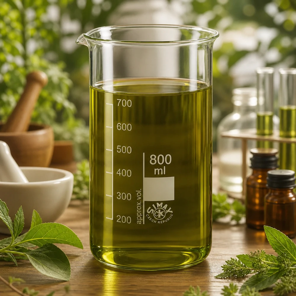 Becherglas 800ml Borosilikatglas, hohe Form Becherglas 800ml Borosilikatglas hohe Form mit grüner Flüssigkeit im Labor Profi-Laborglas Pacadura