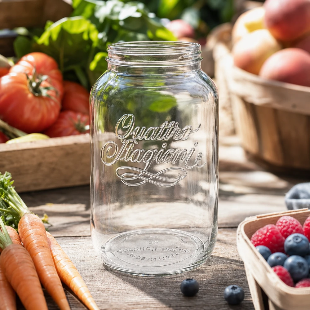 3800ml Quattro Stagioni Haushaltsglas Einmachglas transparent mit Schriftzug umgeben von frischem Gemüse und Obst