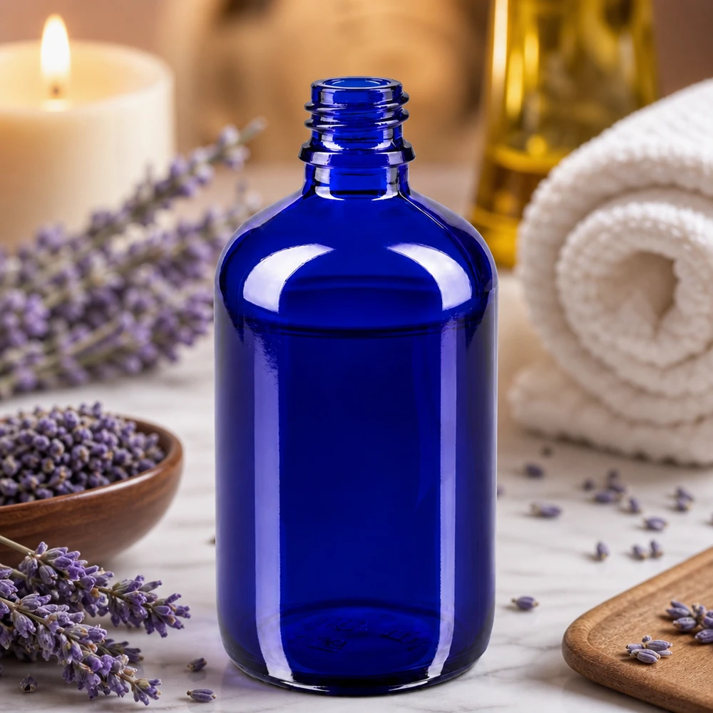 100ml blaue Apothekenflasche aus ApoGlas für professionelle Anwendung in Pharmazie und Kosmetik bei Pacadura