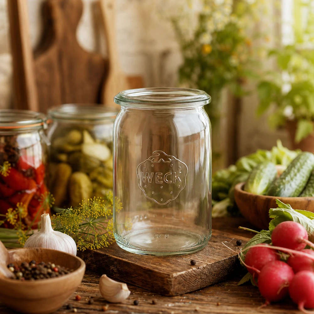 145ml Zylinderglas WECK RR40 WECK RR40 Zylinderglas 145ml in rustikaler Küche mit frischem Gemüse und Einmachzutaten dekorativ arrangiert