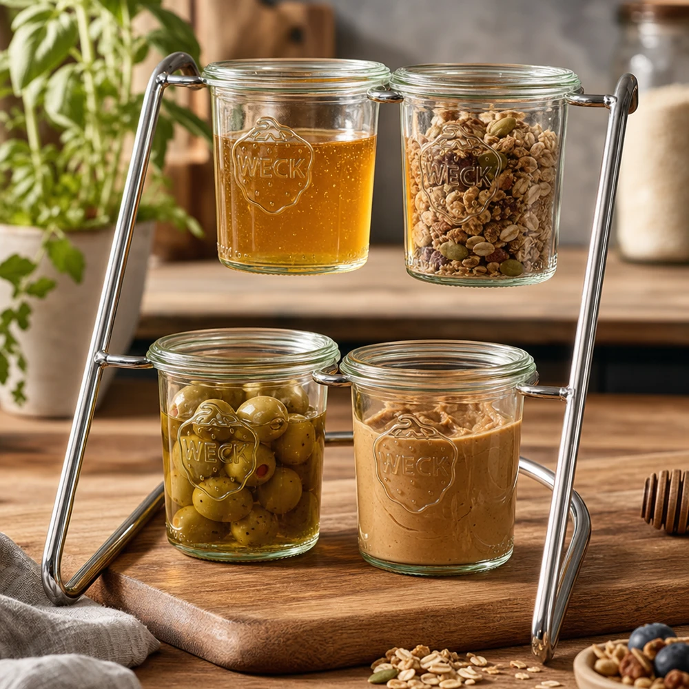 WECK Serviergestell Flato4 mit Honig, Nüssen und Oliven befüllt - vielseitiger Glashalter für Küchendeko
