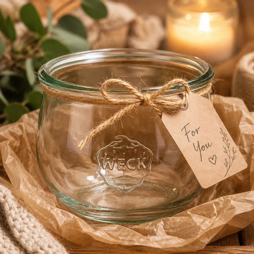 WECK Tulpenglas 580ml RR100 mit Geschenkanhänger und Juteschnur auf Holztisch mit Kerze und Dekoration