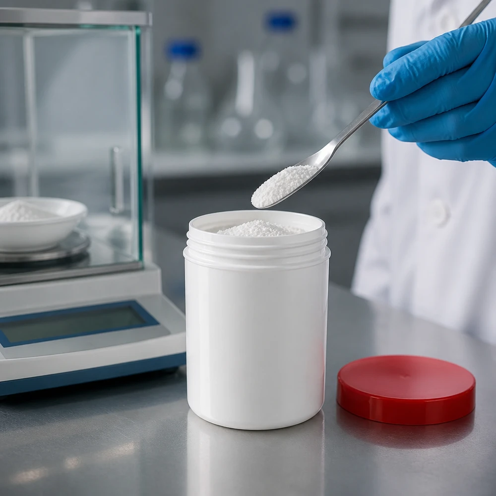 Salbenkruke 50g weiß mit rotem Schraubdeckel (Polypropylen) Salbenkruke 50g weiß PP-Kunststoff mit rotem Schraubdeckel für pharmazeutische und kosmetische Abfüllung