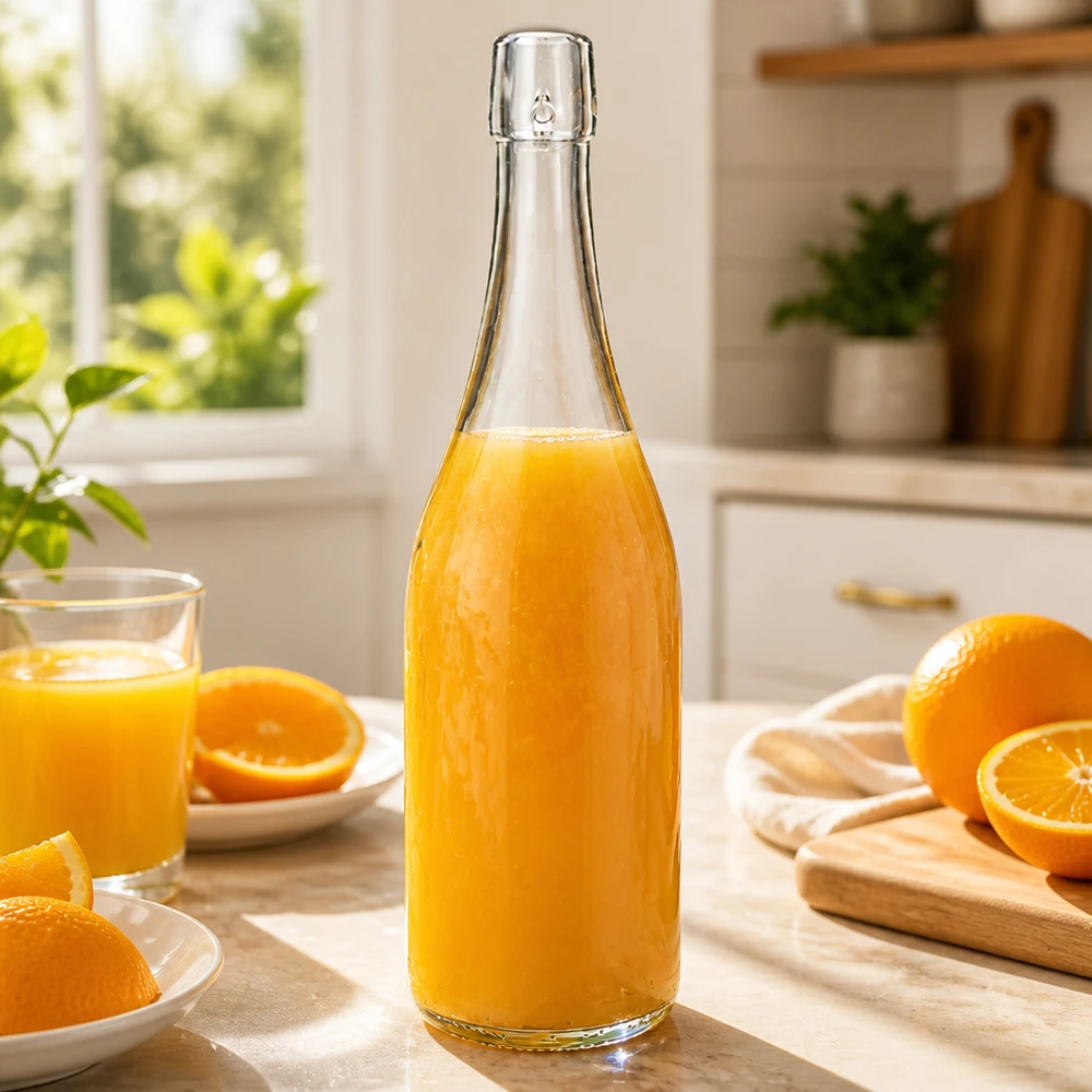 750ml Glasflasche ohne Bügelverschluss UNiTWIST® 750ml UNiTWIST Glasflasche mit frischem Orangensaft befüllt helle Küche Frühstück Vitamin C gesunde Ernährung