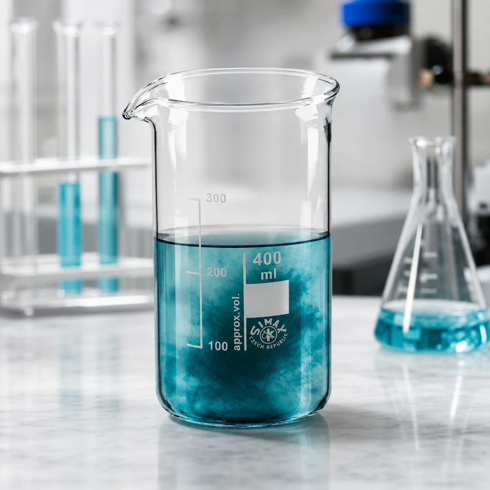 Becherglas 400ml Borosilikatglas, hohe Form Becherglas 400ml hohe Form aus Borosilikatglas mit blauer Flüssigkeit im Labor Profi-Laborglas Pacadura