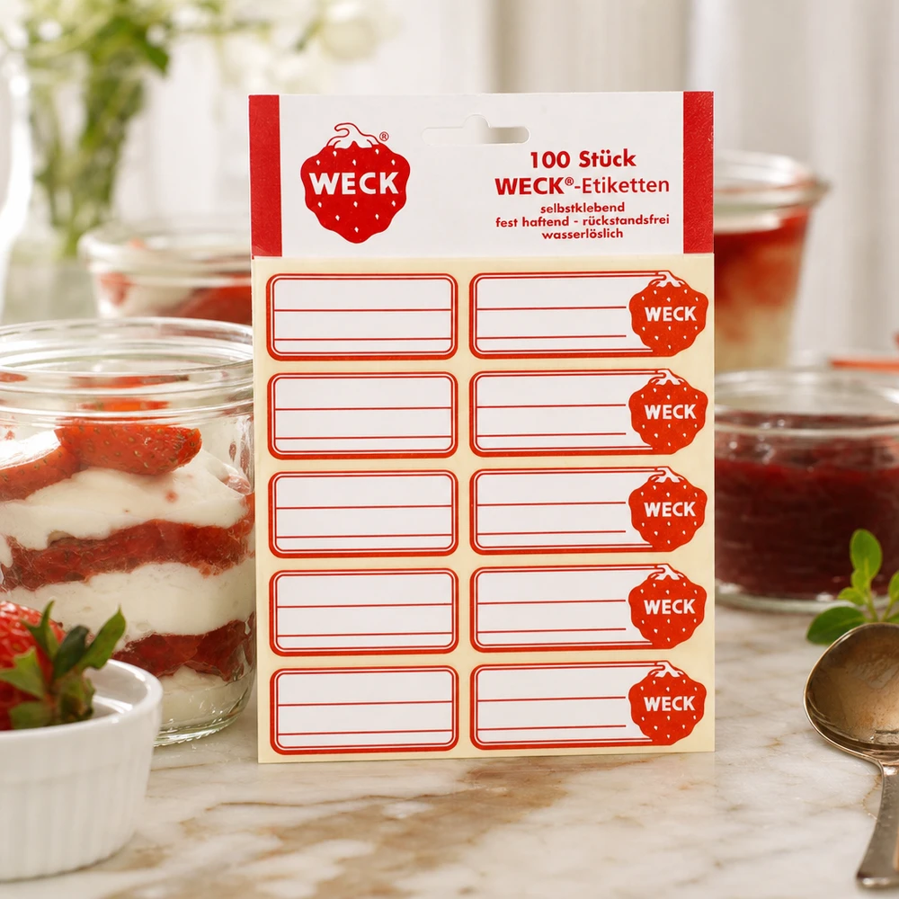 WECK Etiketten 100er Pack rot-weiß selbstklebend auf Küchentheke neben Erdbeerdessert im Glas professionell