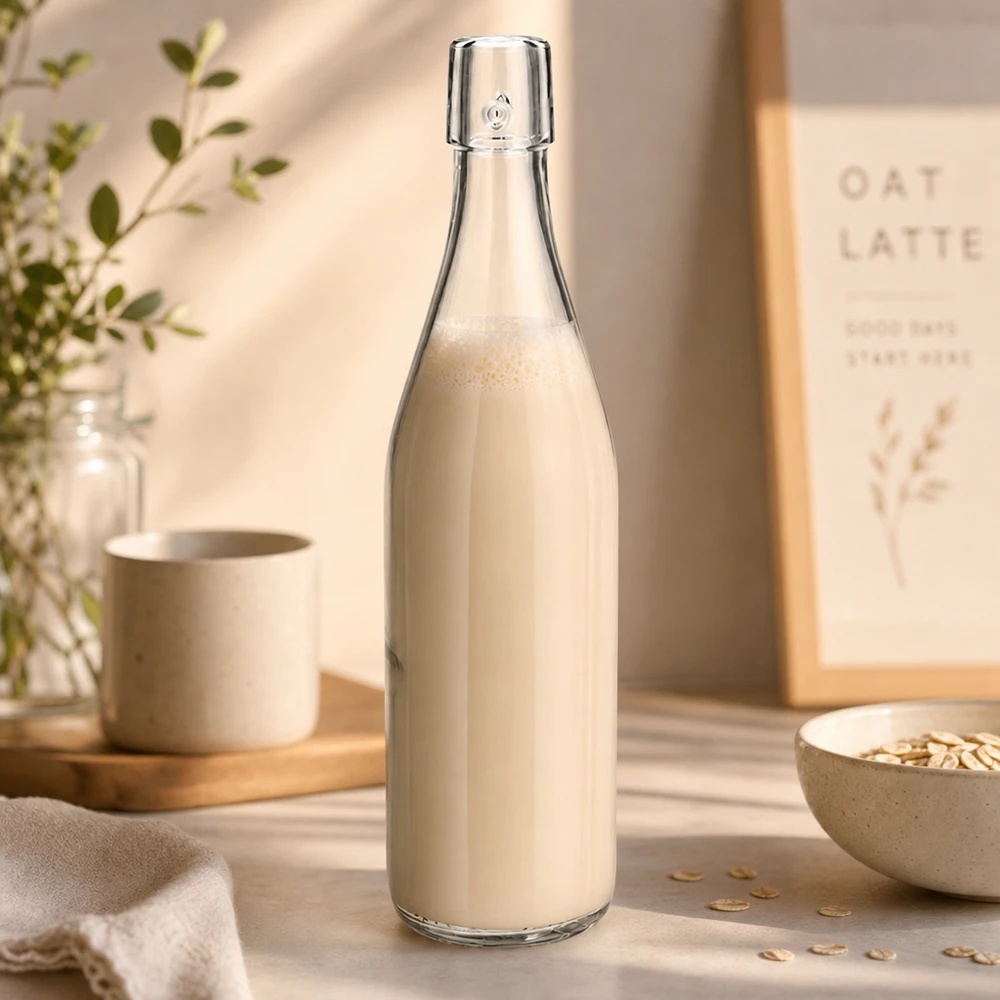 500ml UNiTWIST Glasflasche mit Hafermilch befüllt in natürlicher Küche mit Haferflocken als gesunde Lifestyle-Szene
