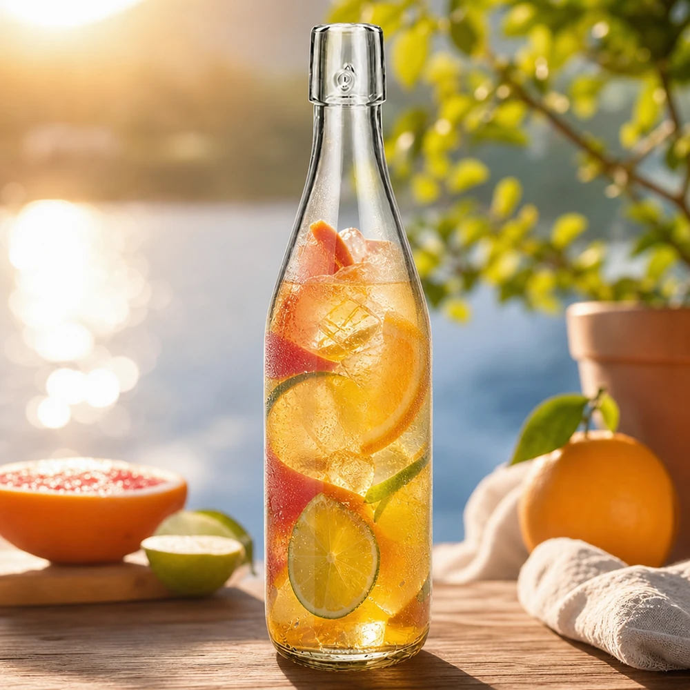 500ml Glasflasche ohne Bügelverschluss UNiTWIST® 500ml UNiTWIST Glasflasche mit Eistee und Früchten befüllt im Freien als sommerliche Erfrischung mit Zitrusfrüchten