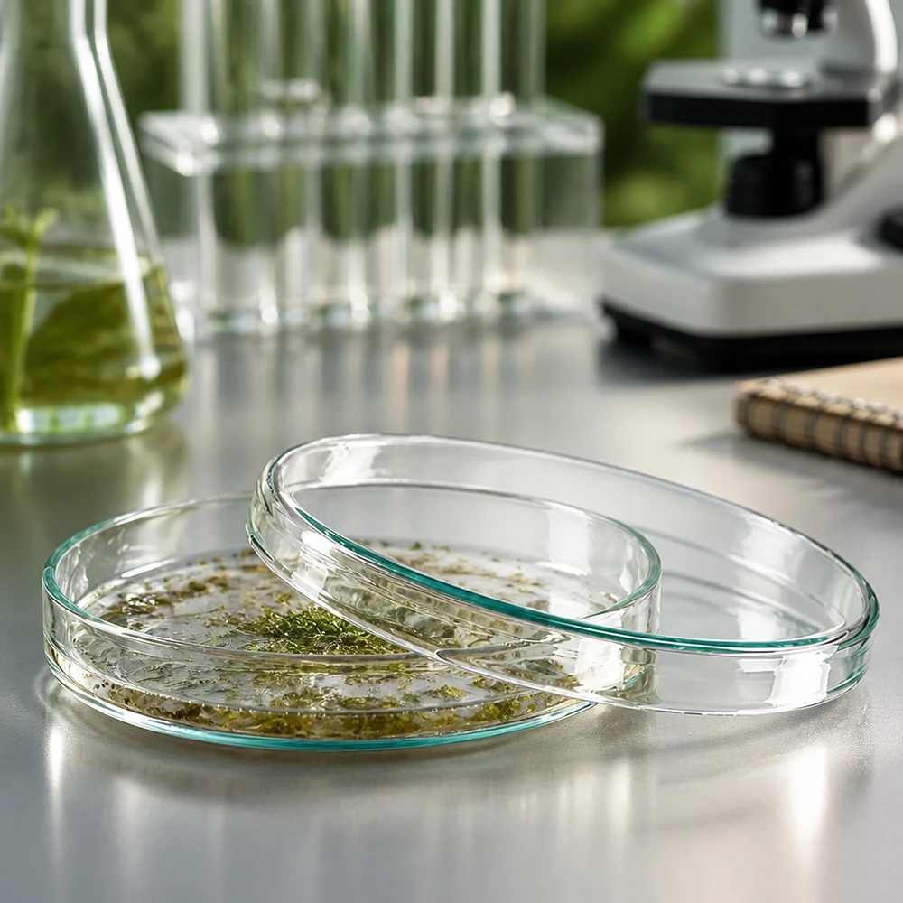 Petrischale aus Borosilikatglas 100x15mm mit Pflanzenprobe im Labor professioneller Einsatz