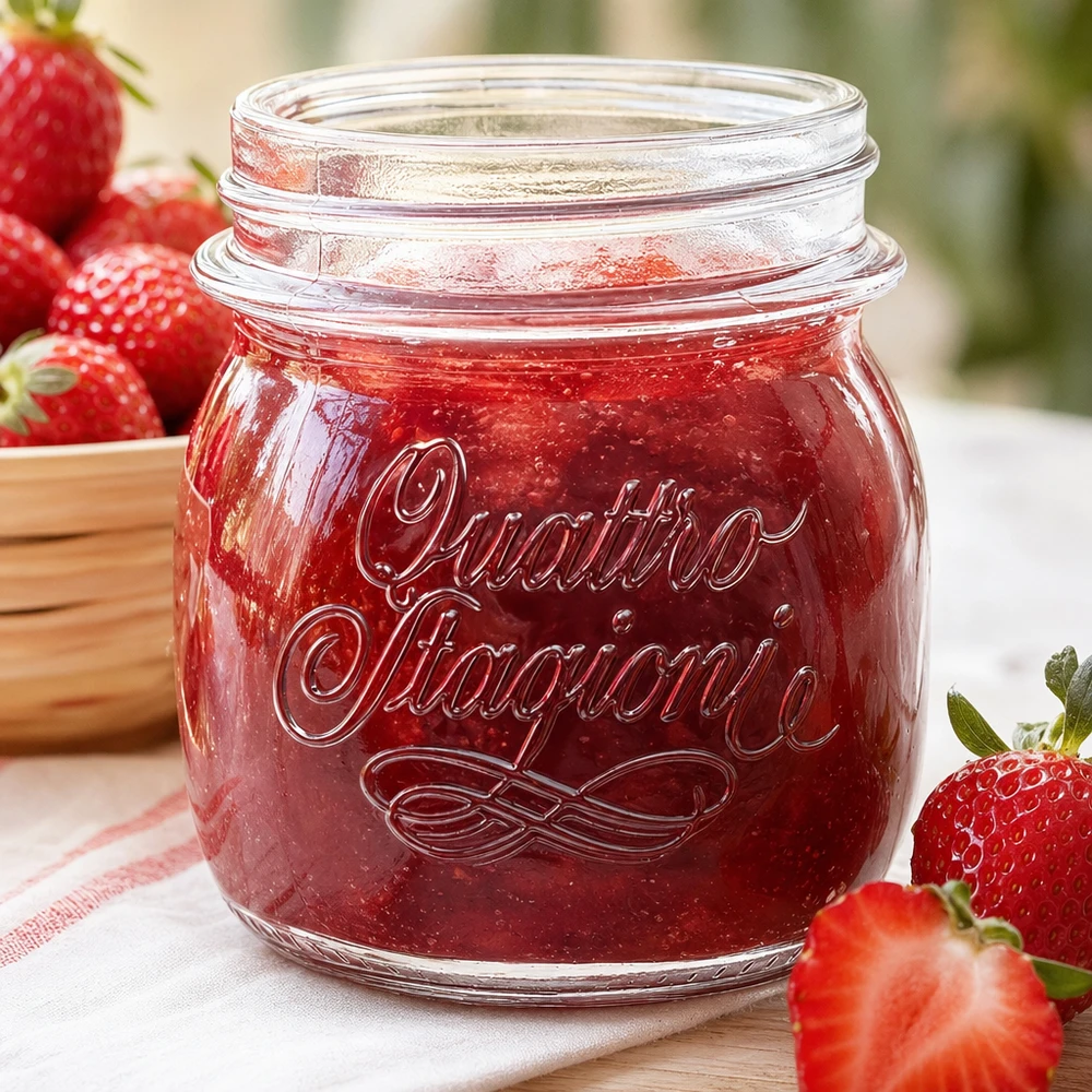 250ml Quattro Stagioni Haushaltsglas mit Erdbeermarmelade gefüllt neben frischen Erdbeeren auf Holztisch
