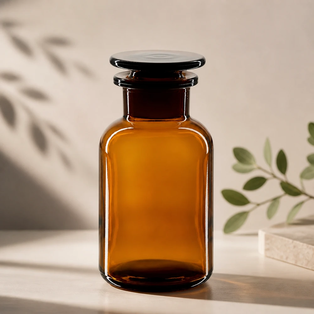 Rundschulterfl. 250ml braun Weithals Glasstopfen Braune Weithals-Rundschulterflasche 250ml aus Glas mit Glasstopfen für professionellen Laboreinsatz