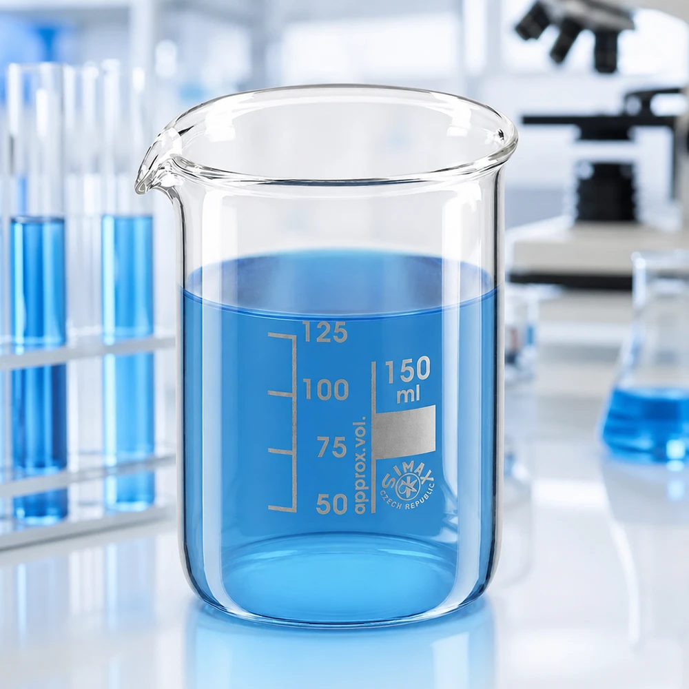 Becherglas 150ml Borosilikatglas niedrige Form für professionelle Laboranwendungen mit blauer Flüssigkeit