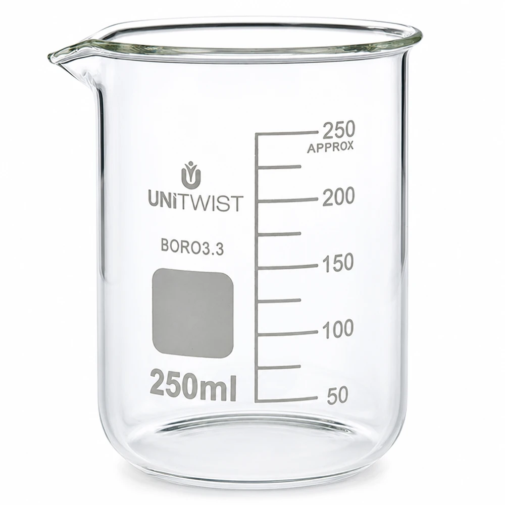 Becherglas 250ml Borosilikat, niedrige Form UNiTWIST Becherglas 250ml Borosilikat 3.3 niedrige Form UNiTWIST für professionellen Laboreinsatz