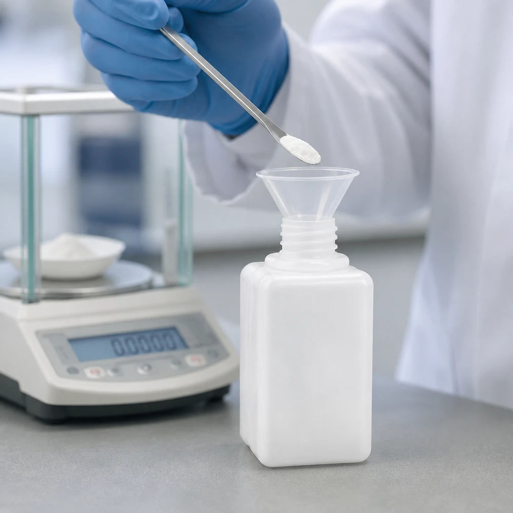Chemikalienflasche 50ml, Enghals aus PE-HD, GL 18 Chemikalienflasche 50ml Enghals PE-HD GL18 für professionelle Laborbefüllung mit Pulvertrichter