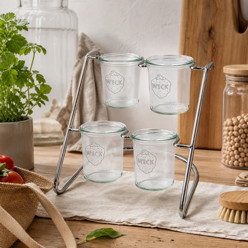 Serviergestell Flato4 auf Holztisch mit leeren WECK Gläsern - minimalistisches Design für natürliche Küchendekoration