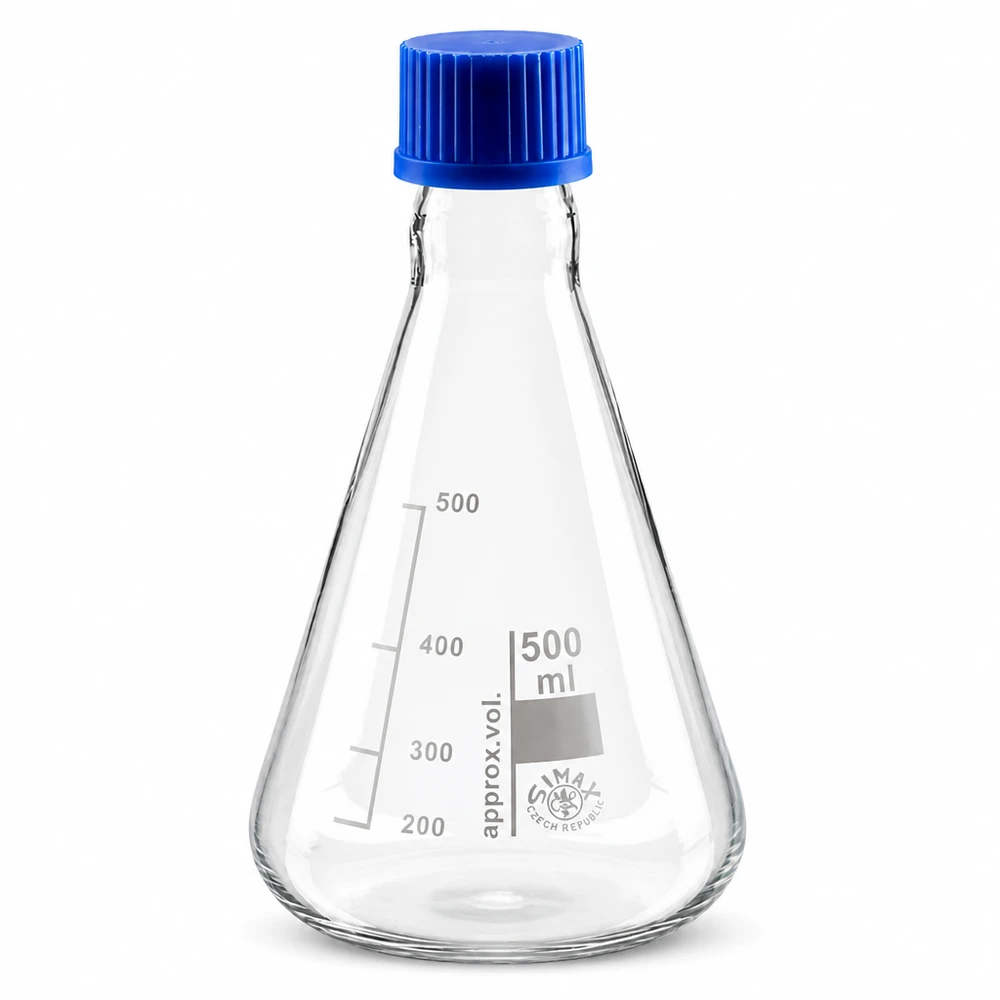 Erlenmeyerkolben 500ml mit Schraubkappe Erlenmeyerkolben 500ml Glas mit blauer Schraubkappe für professionelle Laboranwendungen bei Pacadura.de