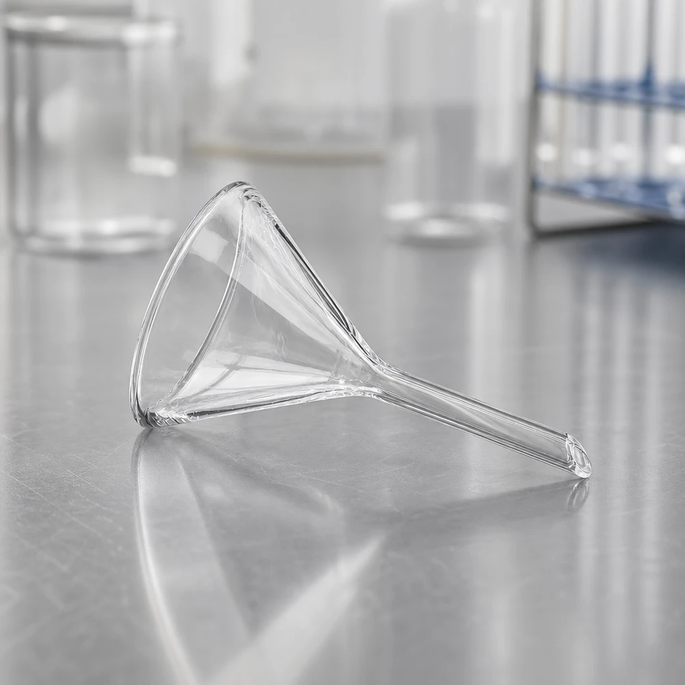 Trichter ø45mm Kalk-Soda, Winkel 60°, Kurzstil Glastrichter 45mm Durchmesser aus Kalk-Soda-Glas mit 60° Winkel und Kurzstiel für professionelle Laboranwendungen